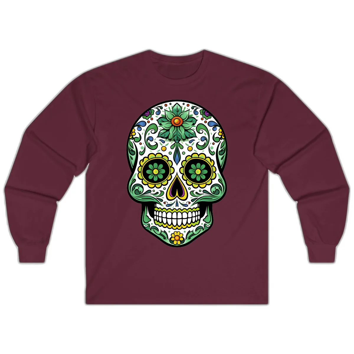 Ornate Floral Calavera Sugar Skull Illustration Long Sleeve in Maroon