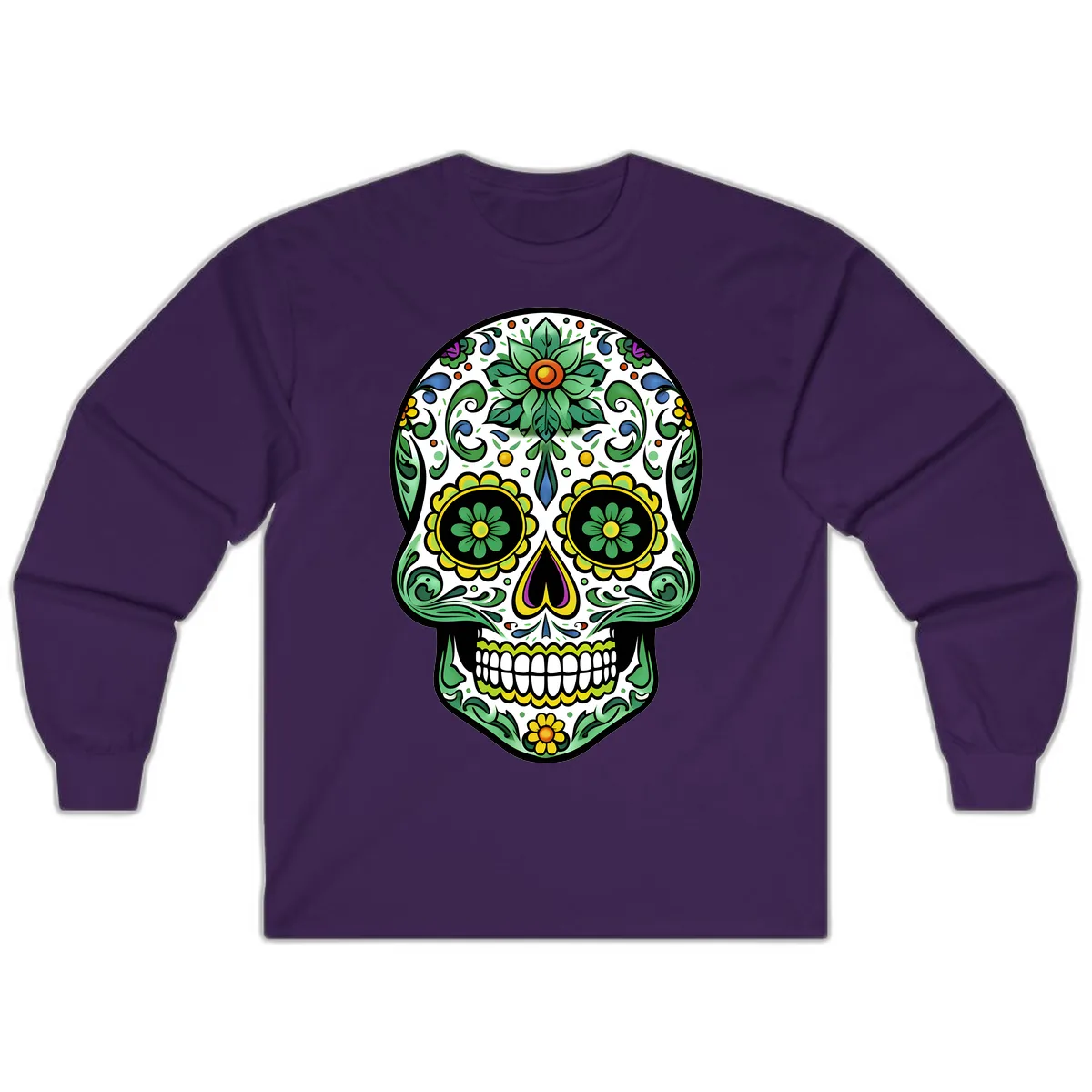 Ornate Floral Calavera Sugar Skull Illustration Long Sleeve in Purple