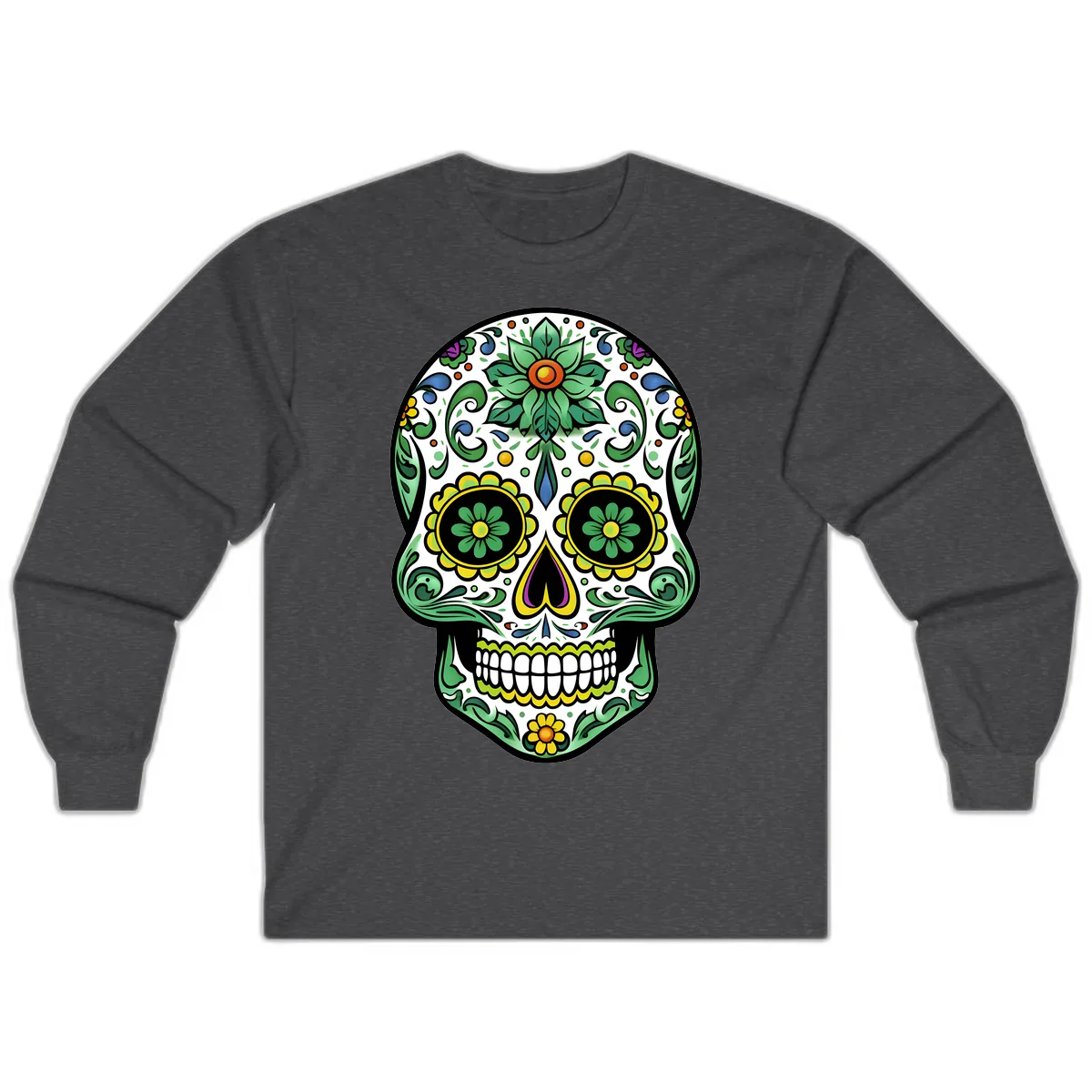 Ornate Floral Calavera Sugar Skull Illustration Long Sleeve in Dark Heather