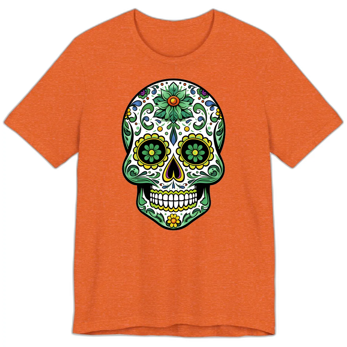 Ornate Floral Calavera Sugar Skull Illustration Premium T-Shirt in Heather Orange