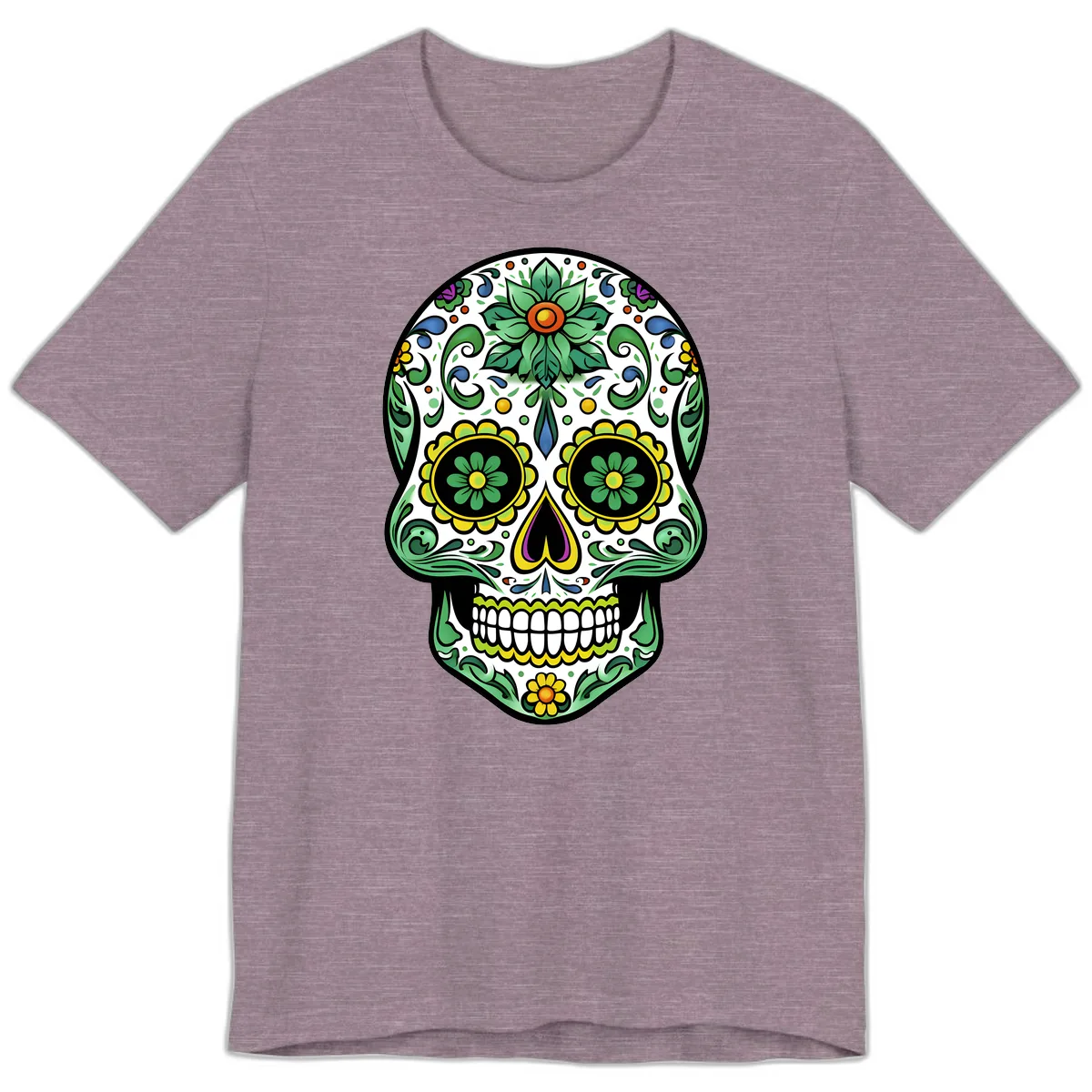Ornate Floral Calavera Sugar Skull Illustration Premium T-Shirt in Heather Purple
