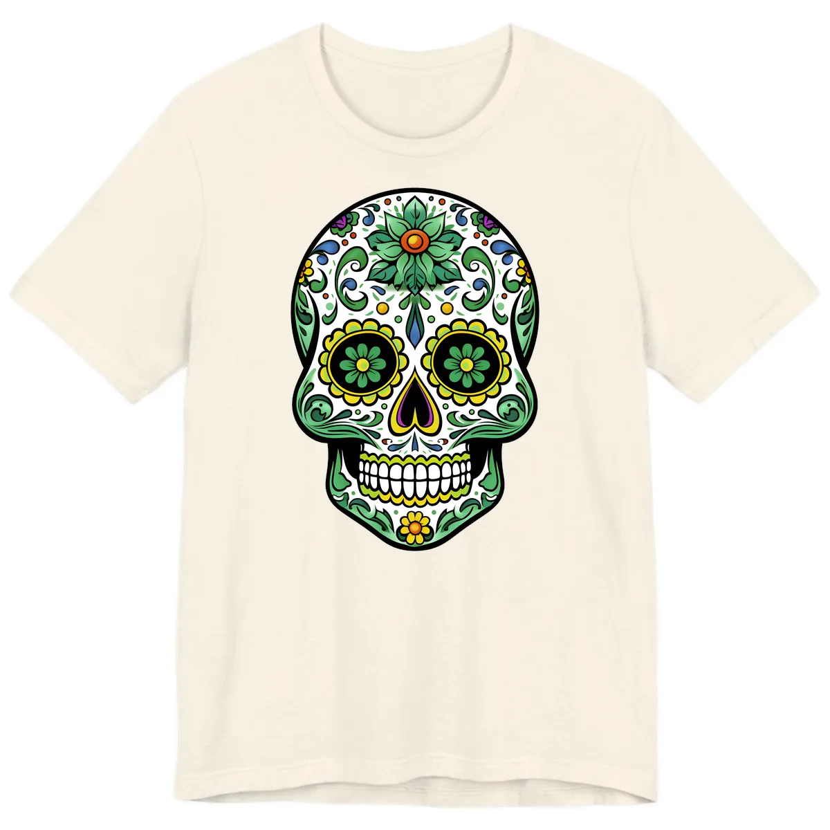 Ornate Floral Calavera Sugar Skull Illustration Premium T-Shirt in Natural