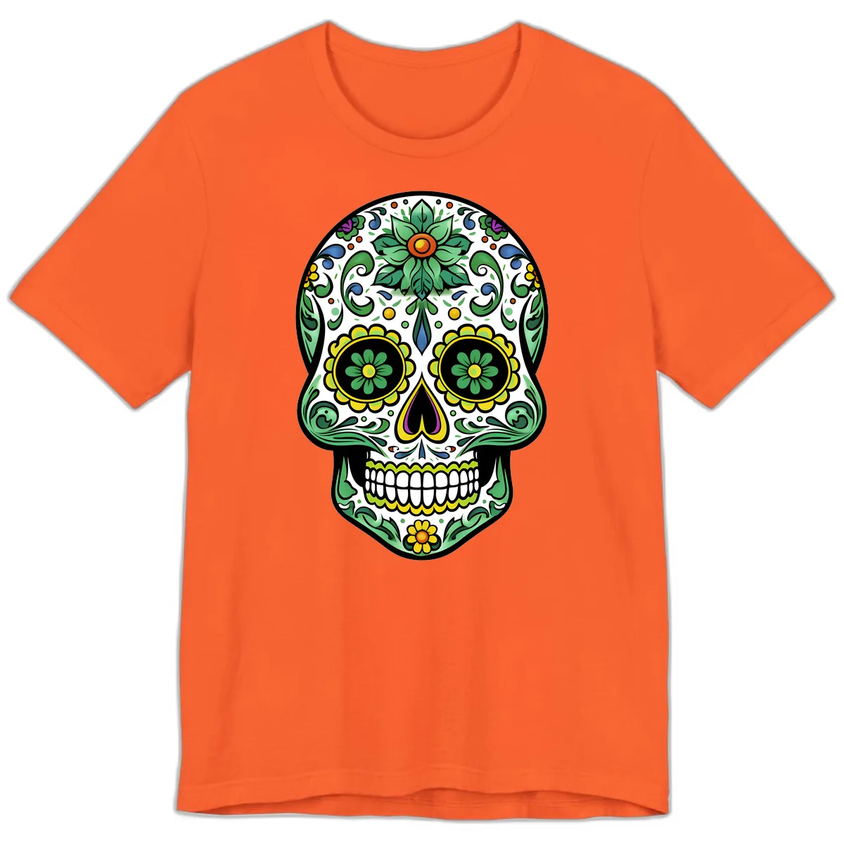 Ornate Floral Calavera Sugar Skull Illustration Premium T-Shirt in Orange
