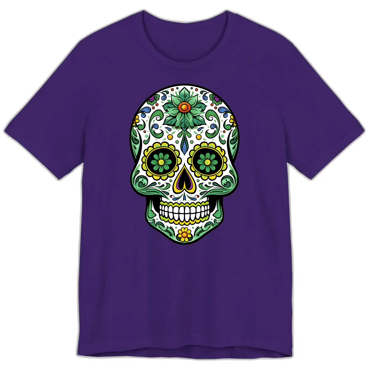 Ornate Floral Calavera Sugar Skull Illustration Premium T-Shirt in Team Purple