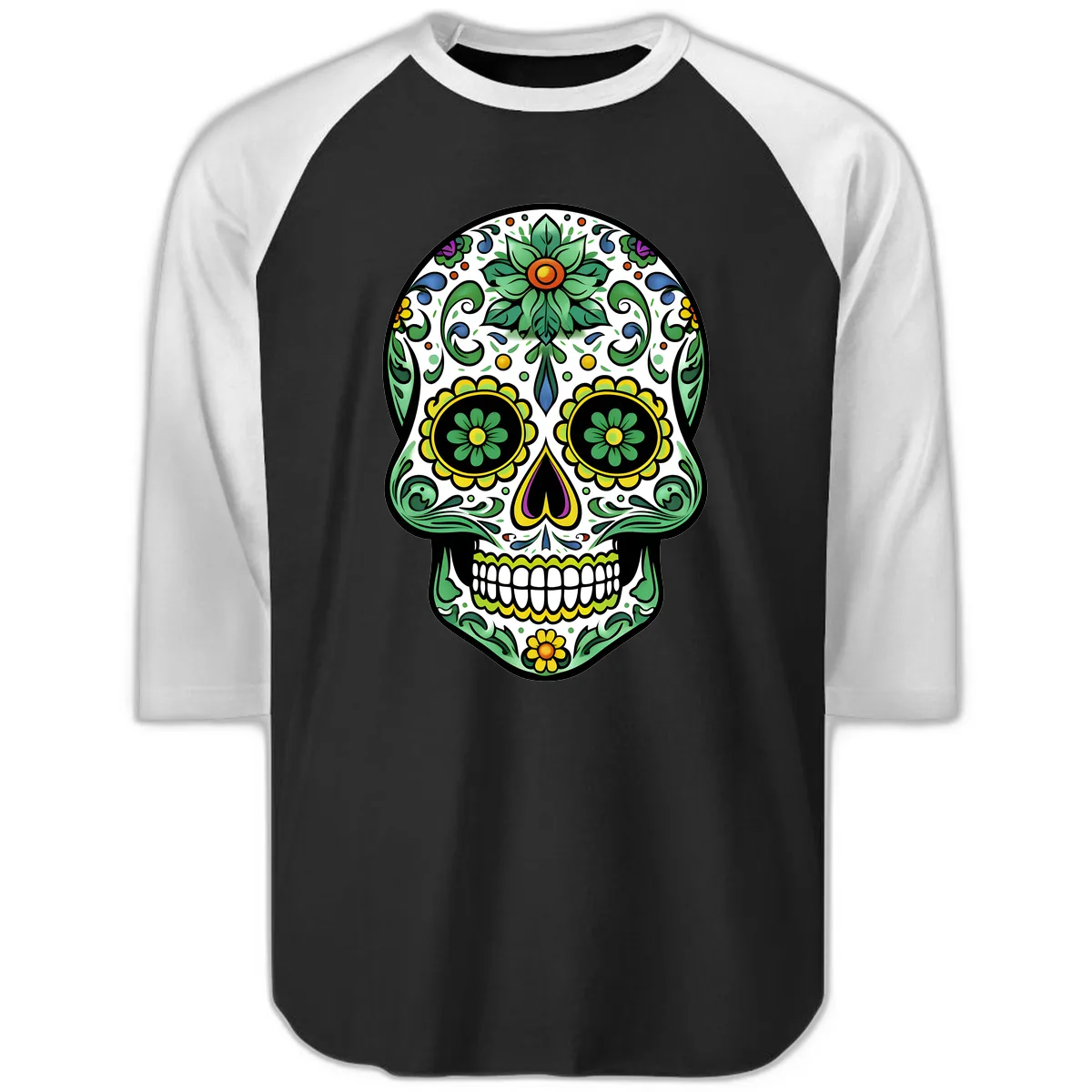 Ornate Floral Calavera Sugar Skull Illustration Raglan 3/4 in Black White