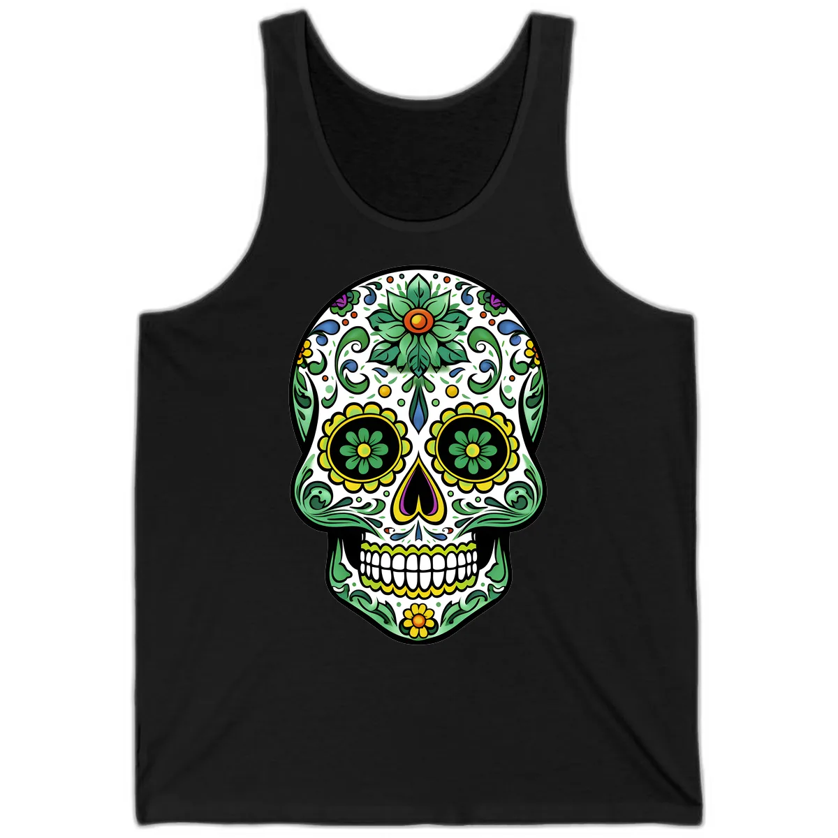 Ornate Floral Calavera Sugar Skull Illustration Tank in Black