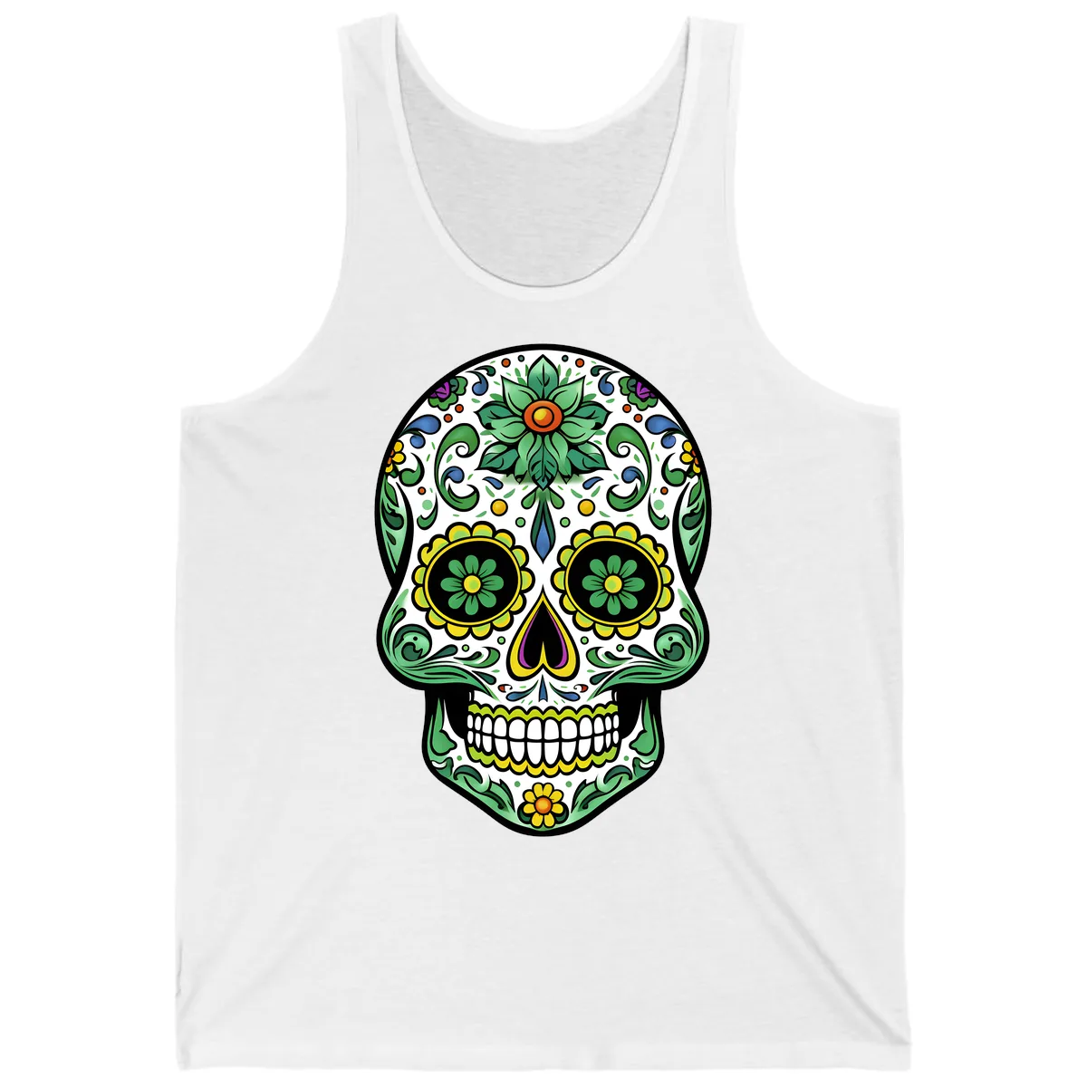 Ornate Floral Calavera Sugar Skull Illustration Tank in White