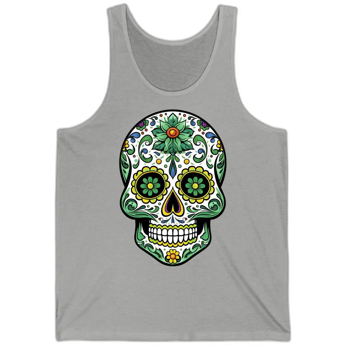 Ornate Floral Calavera Sugar Skull Illustration Tank in Athletic Heather