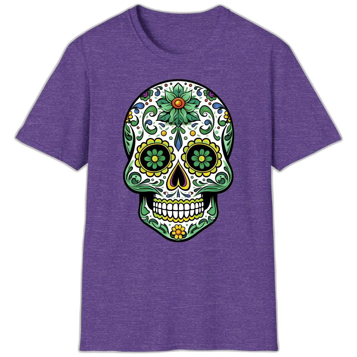 Ornate Floral Calavera Sugar Skull Illustration T-Shirt in Heather Purple