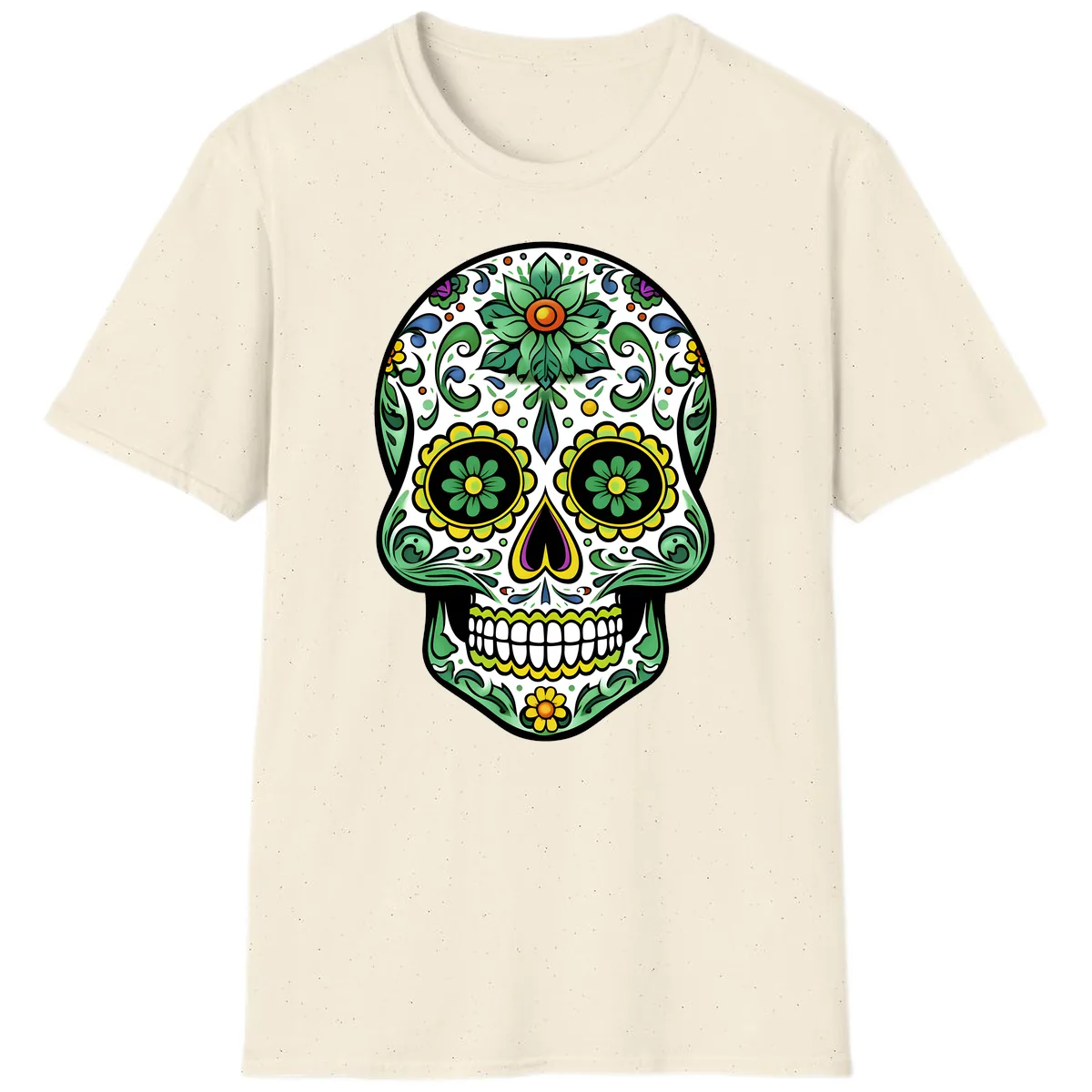 Ornate Floral Calavera Sugar Skull Illustration T-Shirt in Natural