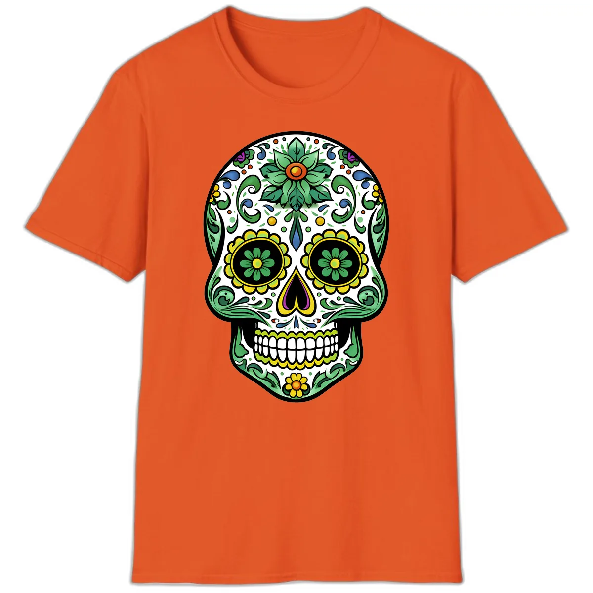 Ornate Floral Calavera Sugar Skull Illustration T-Shirt in Orange