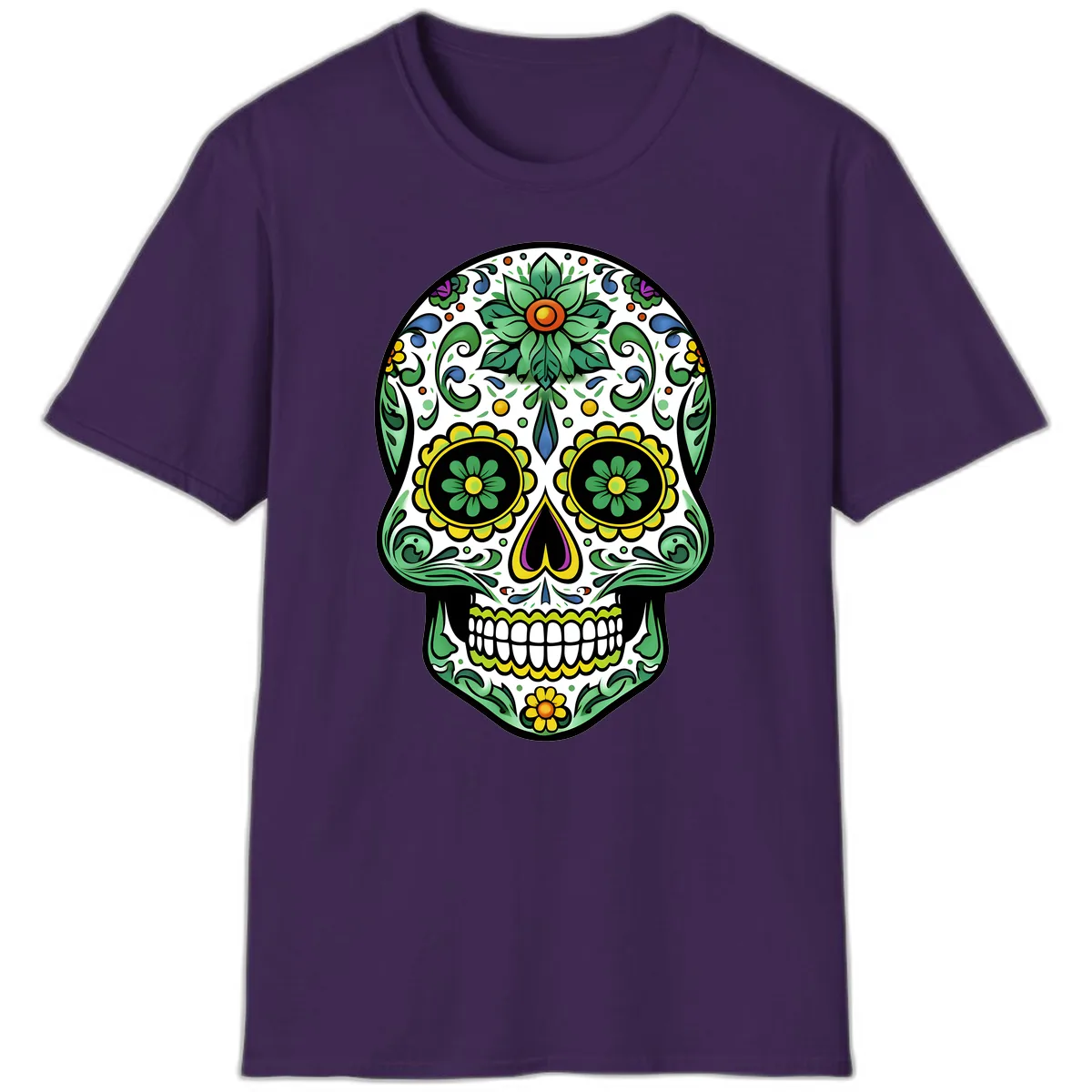 Ornate Floral Calavera Sugar Skull Illustration T-Shirt in Purple