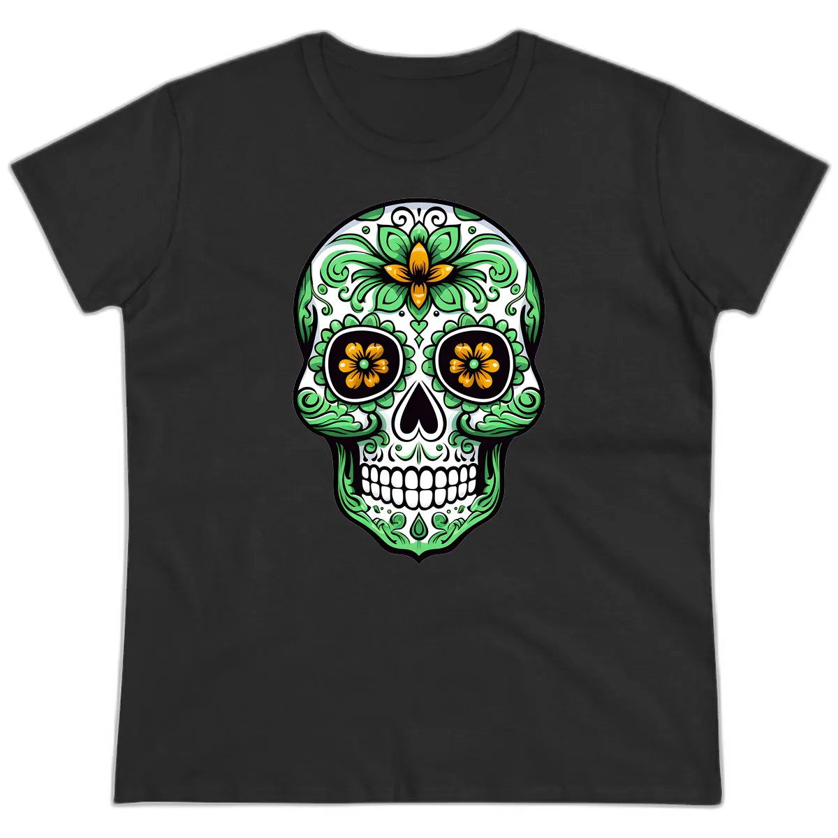 Ornate Floral Calavera Skull Ladies Tee in Black