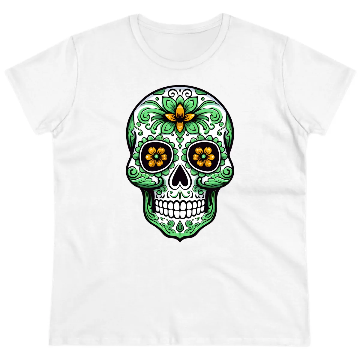 Ornate Floral Calavera Skull Ladies Tee in White