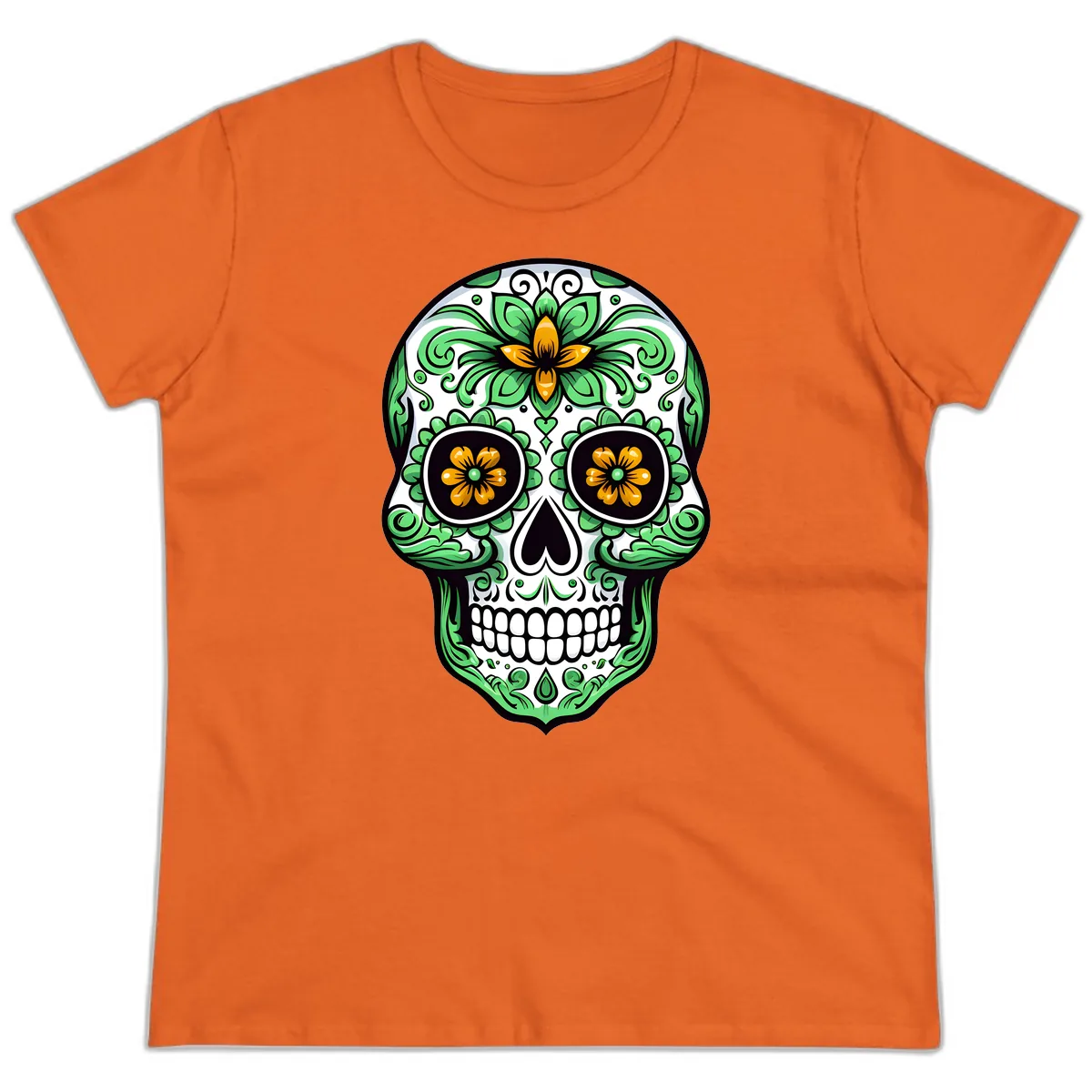 Ornate Floral Calavera Skull Ladies Tee in Orange
