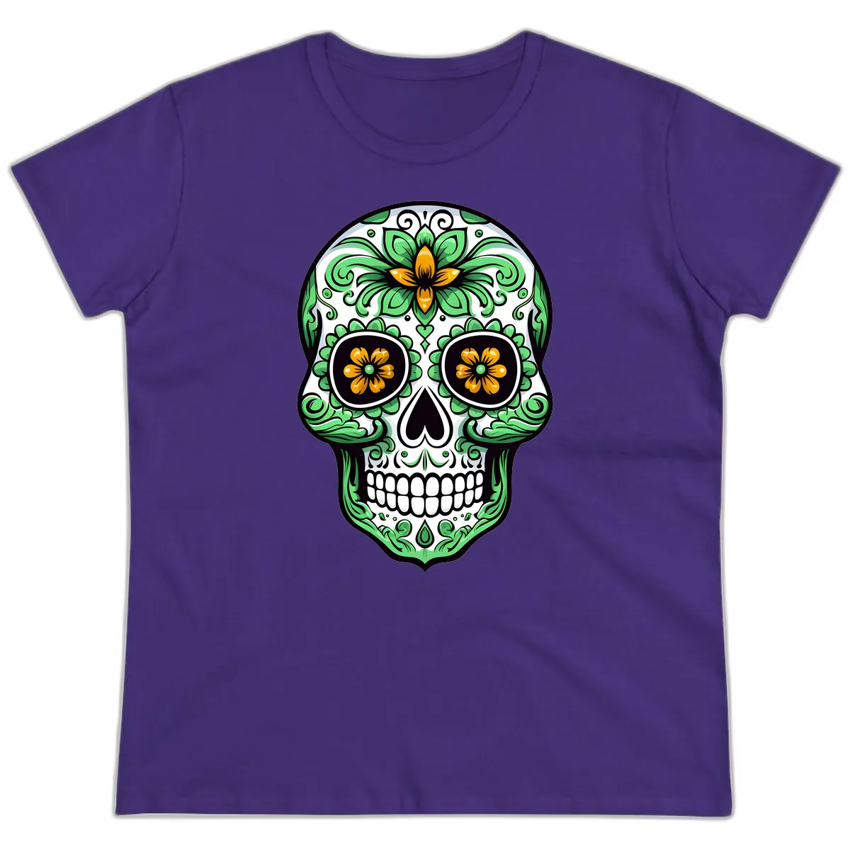 Ornate Floral Calavera Skull Ladies Tee in Purple