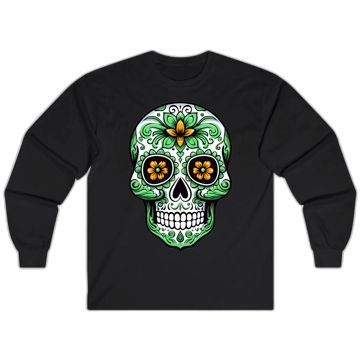 Ornate Floral Calavera Skull Long Sleeve in Black