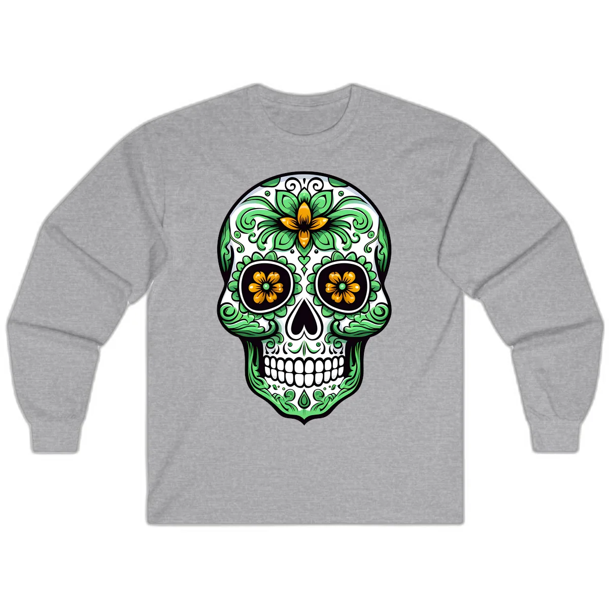Ornate Floral Calavera Skull Long Sleeve in Sport Grey