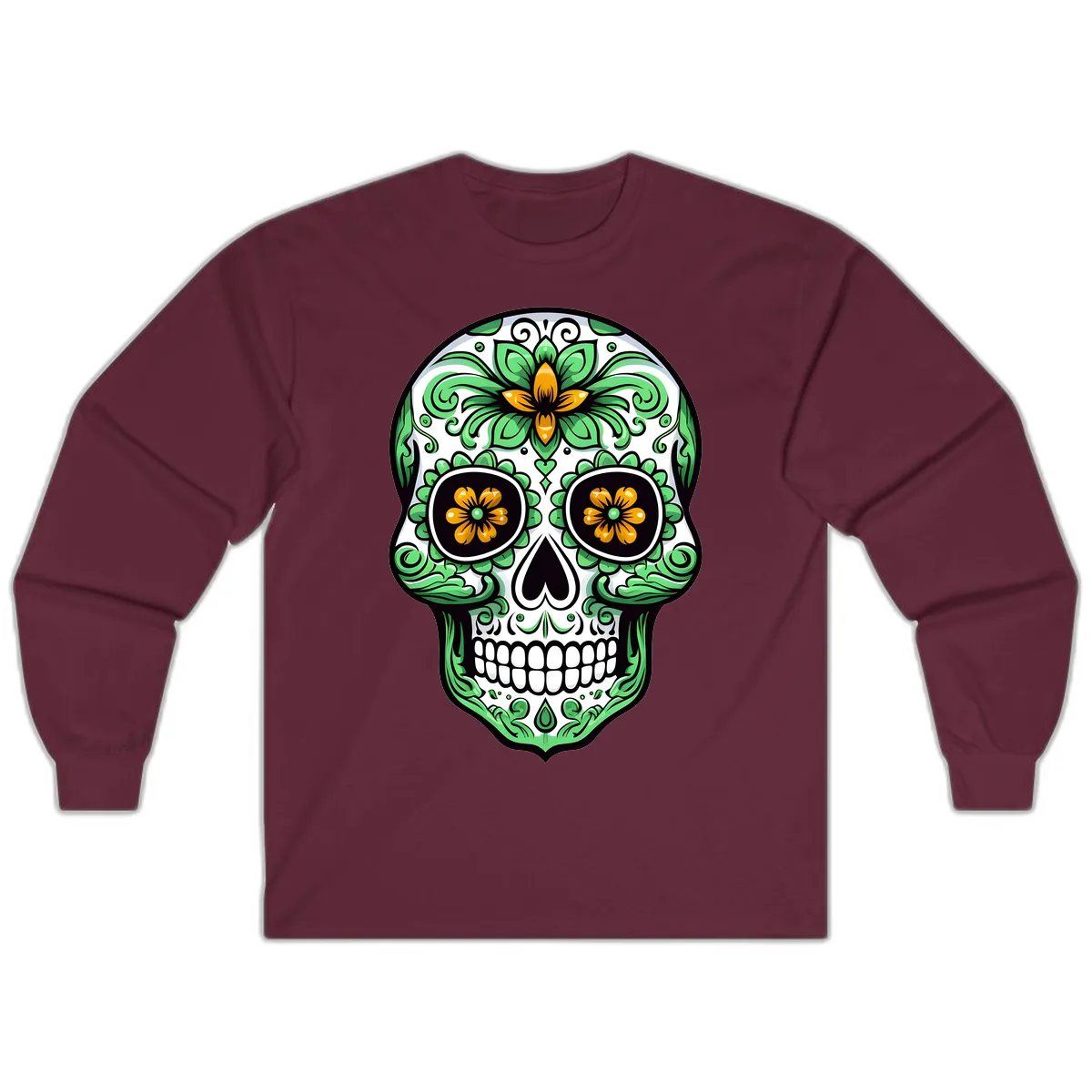 Ornate Floral Calavera Skull Long Sleeve in Maroon