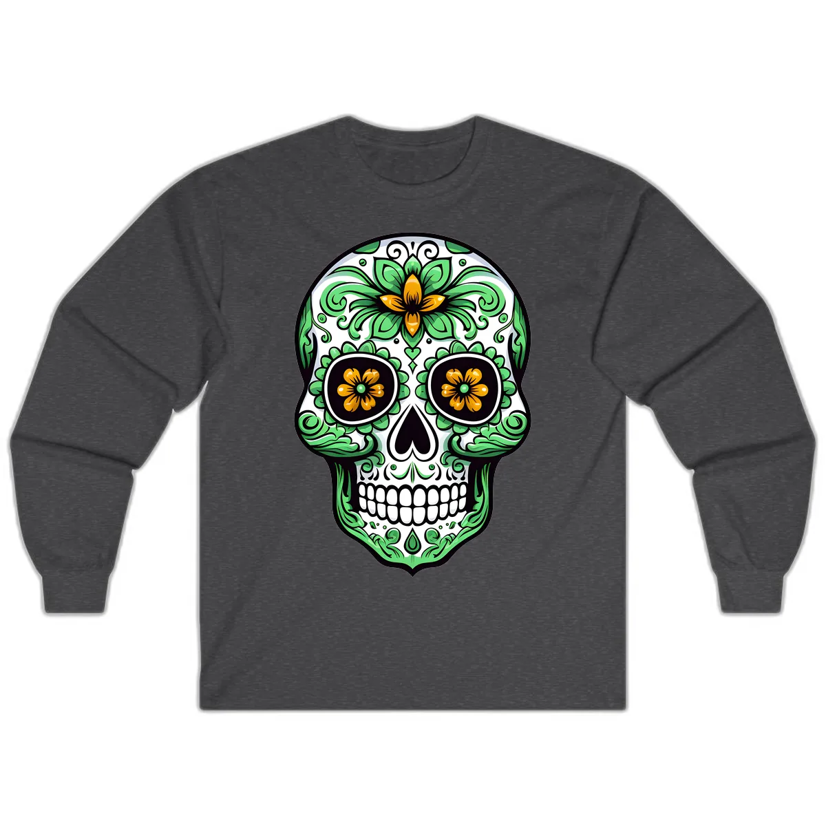 Ornate Floral Calavera Skull Long Sleeve in Dark Heather