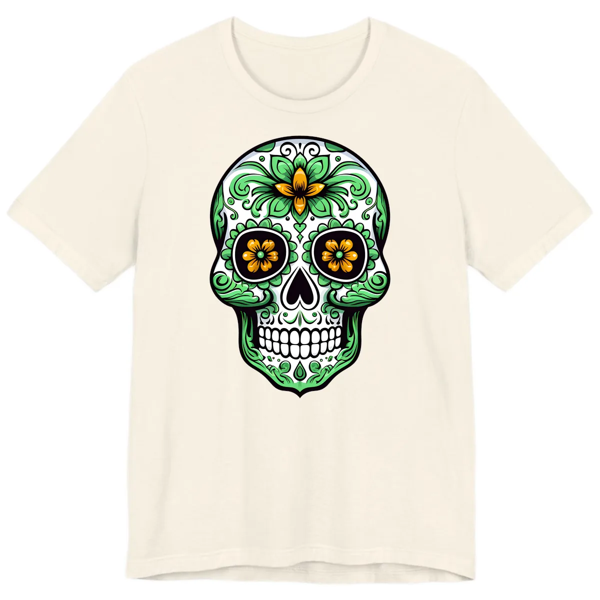 Ornate Floral Calavera Skull Premium T-Shirt in Natural