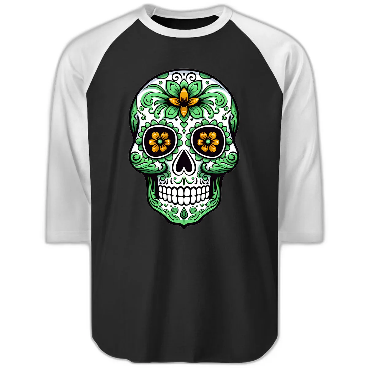 Ornate Floral Calavera Skull Raglan 3/4 in Black White