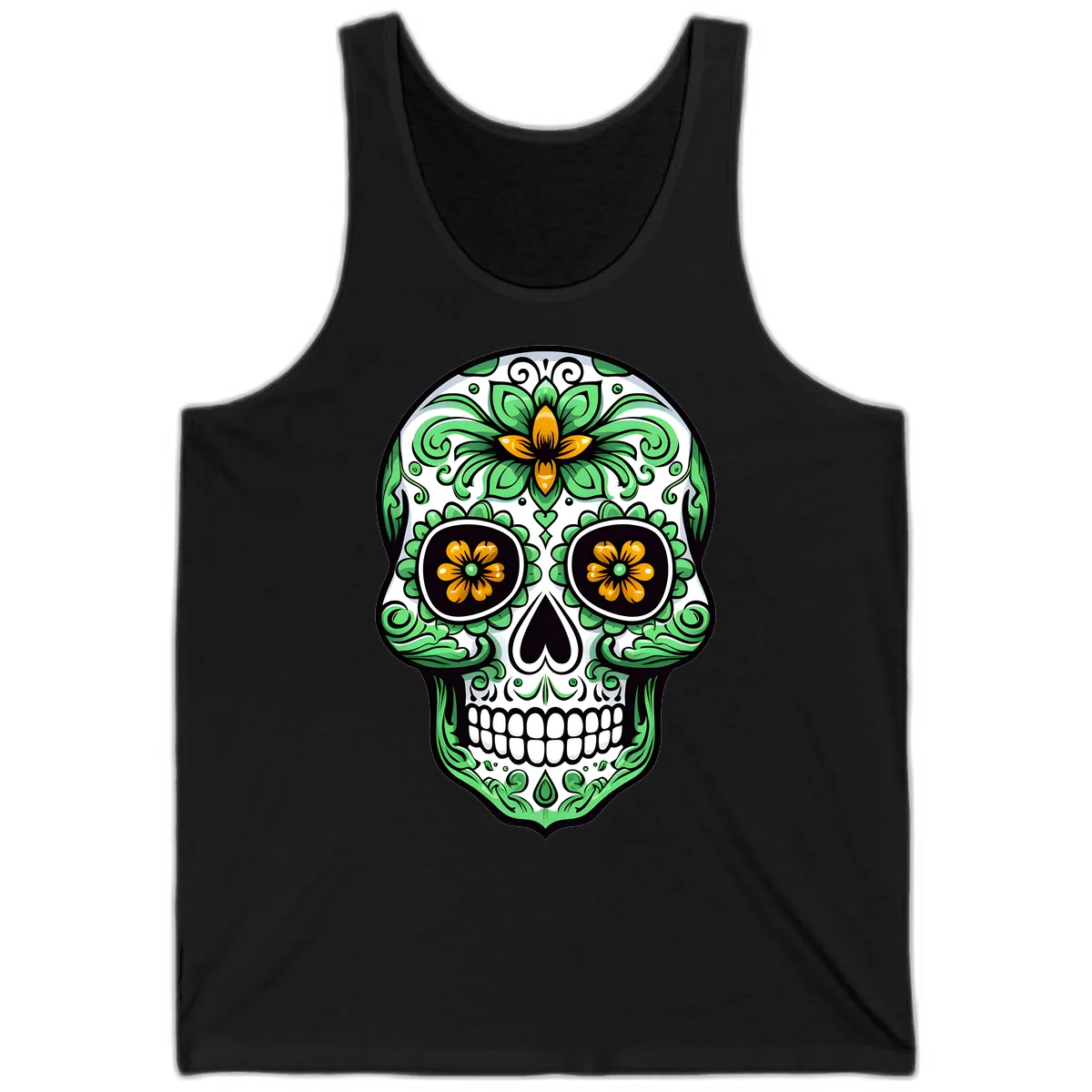 Ornate Floral Calavera Skull Tank in Black