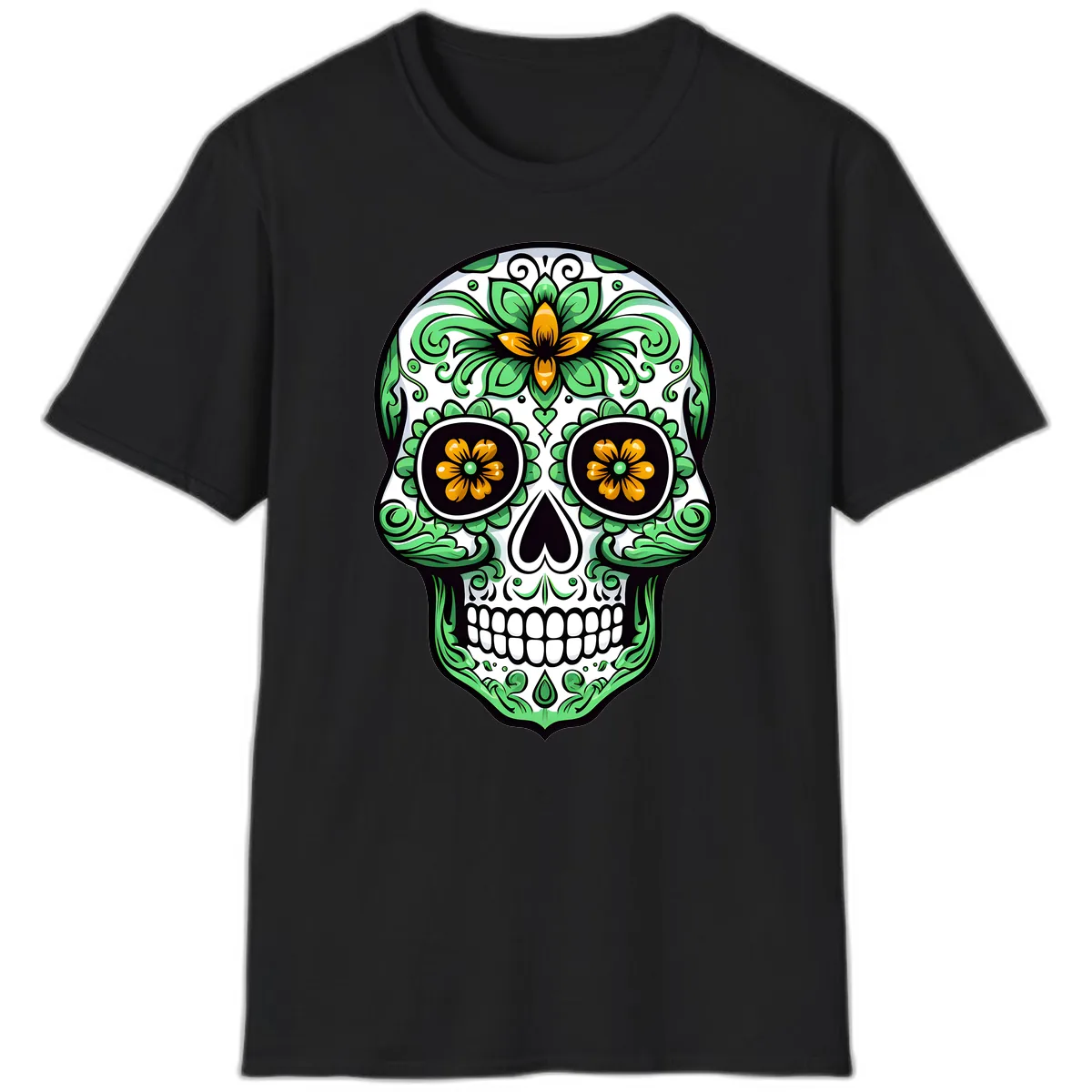 Ornate Floral Calavera Skull T-Shirt in Black