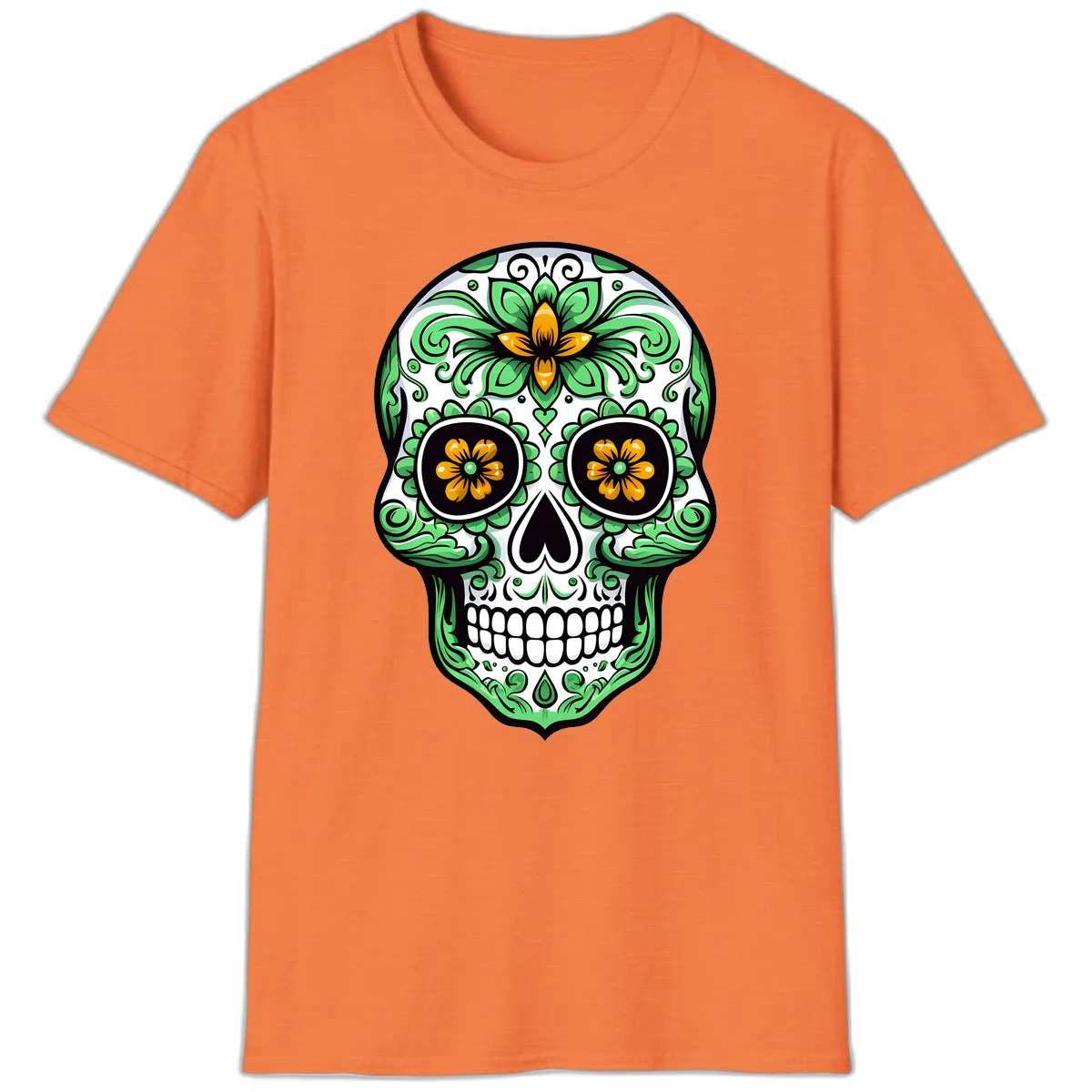 Ornate Floral Calavera Skull T-Shirt in Heather Orange
