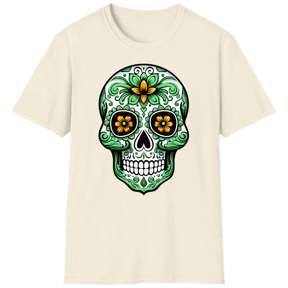 Ornate Floral Calavera Skull T-Shirt in Natural