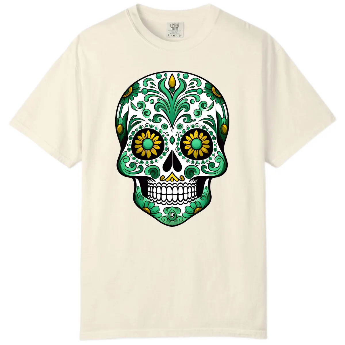 Elegant Green and Gold Floral Calavera Skull Comfort Color in Ivory