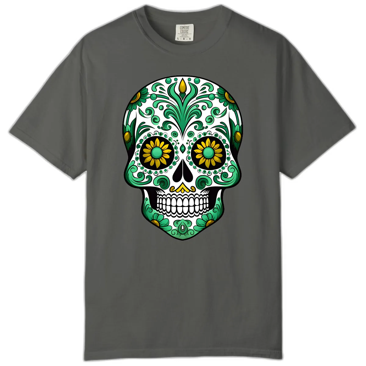 Elegant Green and Gold Floral Calavera Skull Comfort Color in Pepper