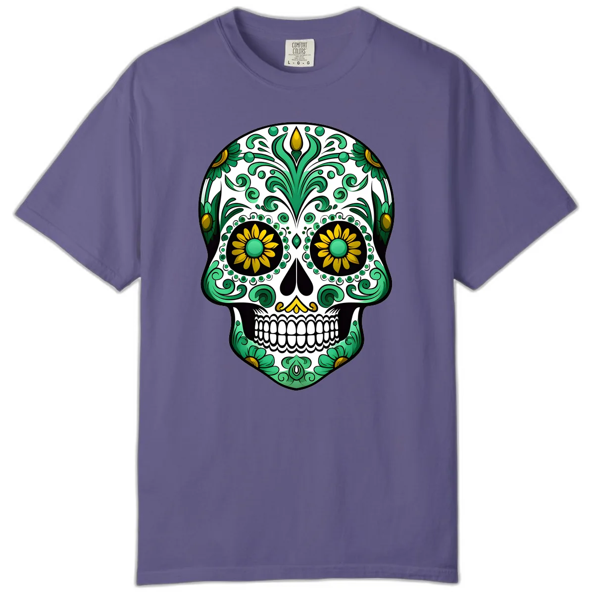 Elegant Green and Gold Floral Calavera Skull Comfort Color in Grape