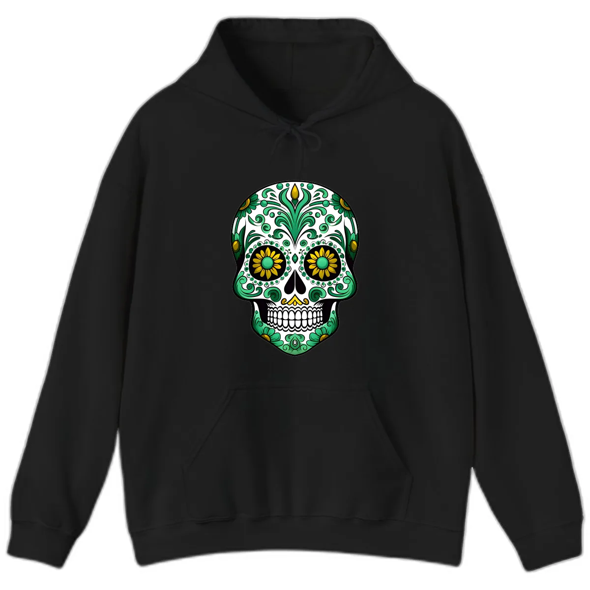 Elegant Green and Gold Floral Calavera Skull Hoodie in Black