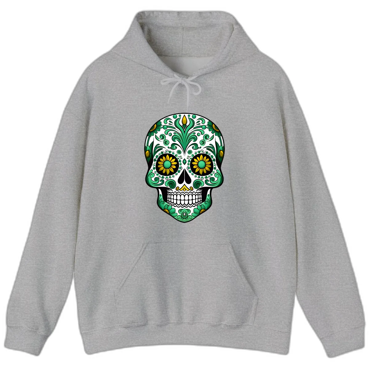Elegant Green and Gold Floral Calavera Skull Hoodie in Sport Grey