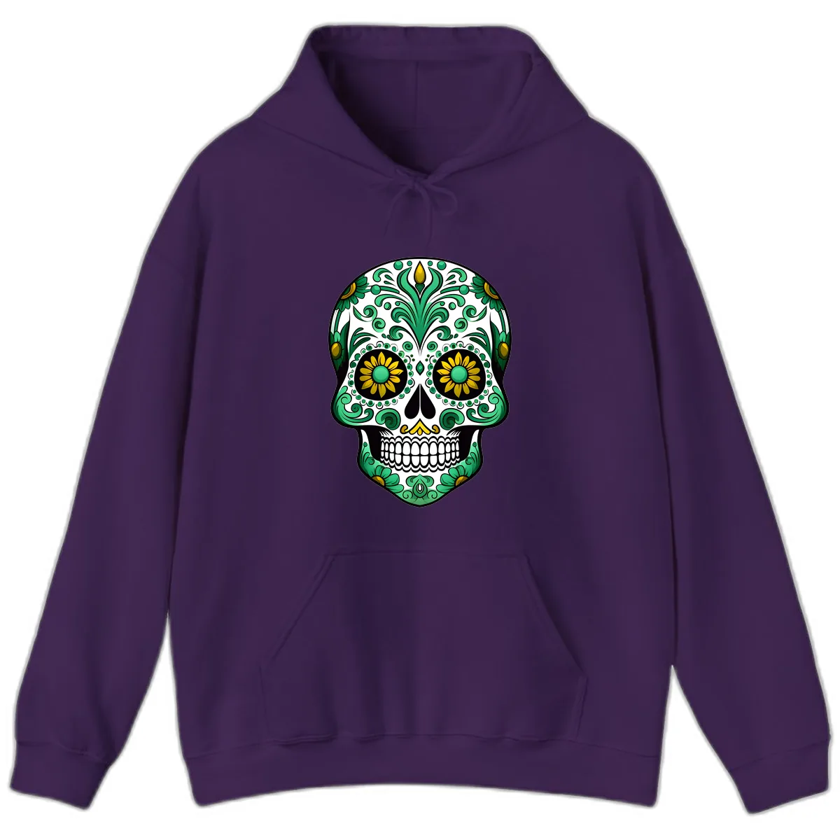 Elegant Green and Gold Floral Calavera Skull Hoodie in Purple