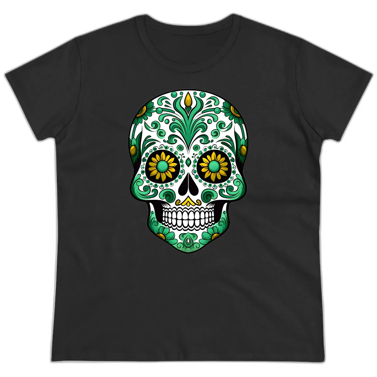 Elegant Green and Gold Floral Calavera Skull Ladies Tee in Black