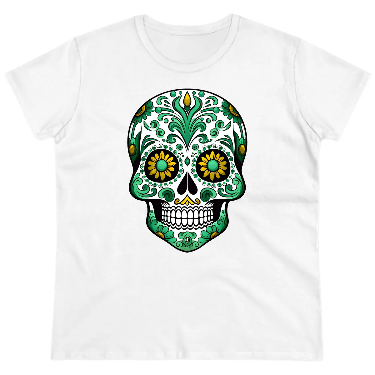 Elegant Green and Gold Floral Calavera Skull Ladies Tee in White