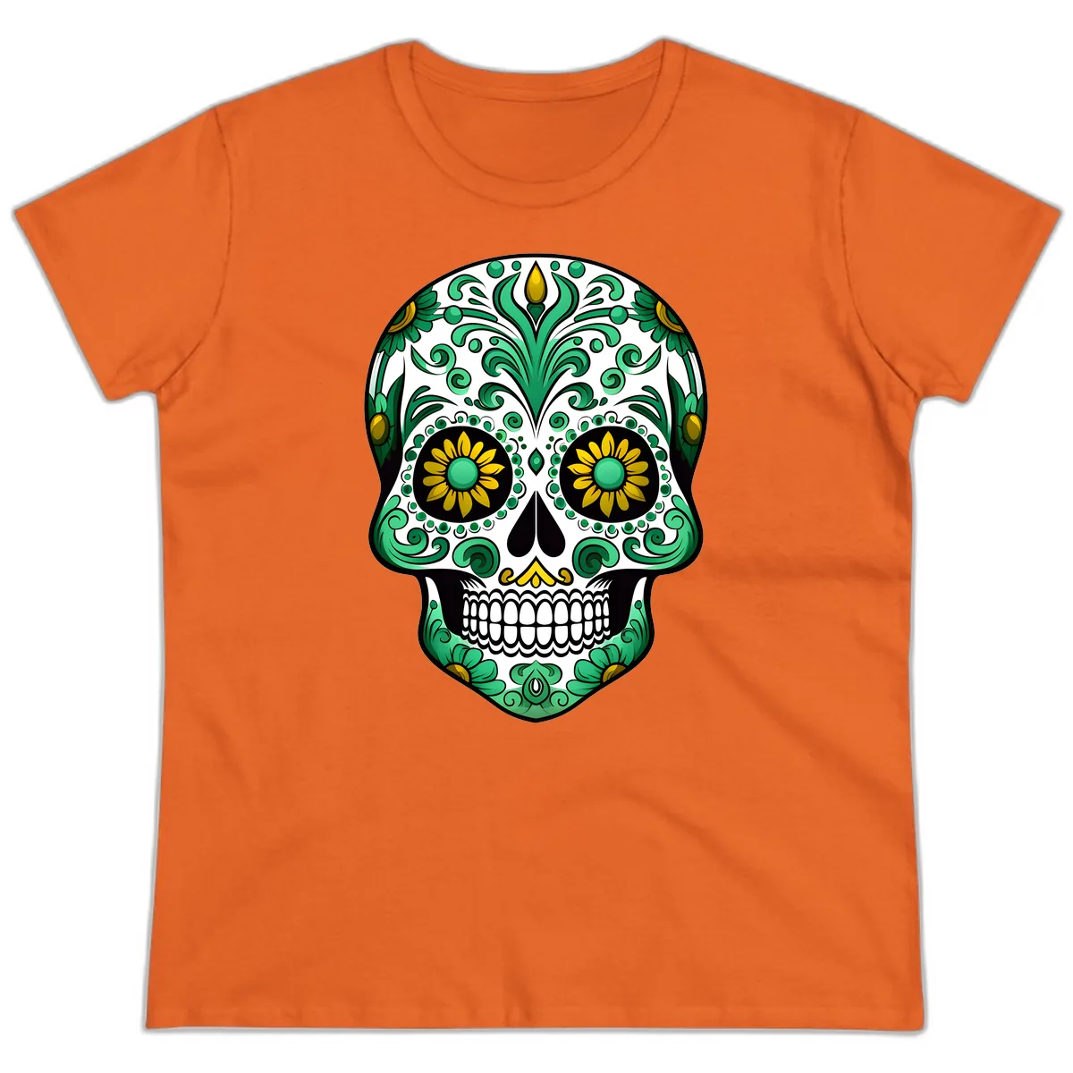 Elegant Green and Gold Floral Calavera Skull Ladies Tee in Orange