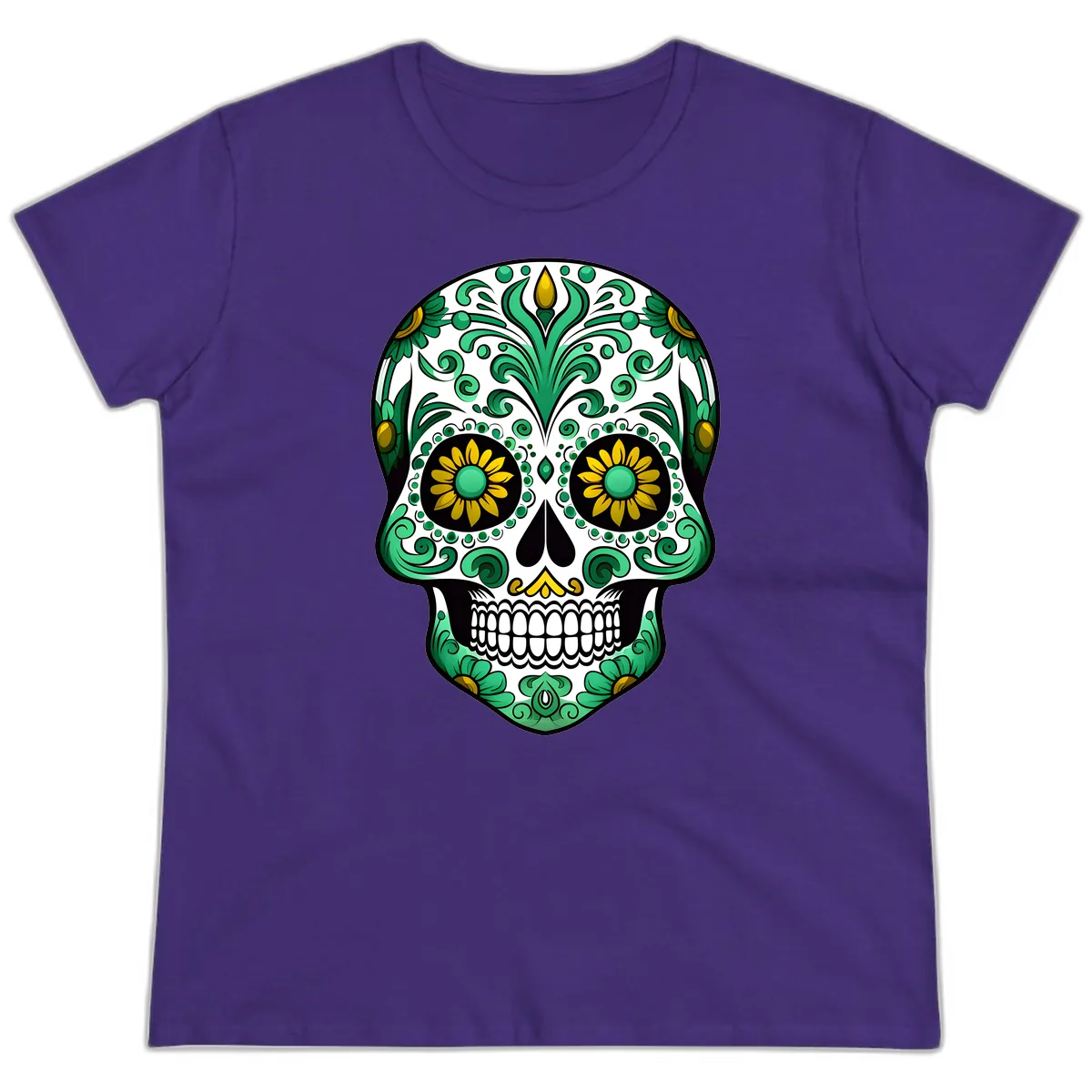 Elegant Green and Gold Floral Calavera Skull Ladies Tee in Purple