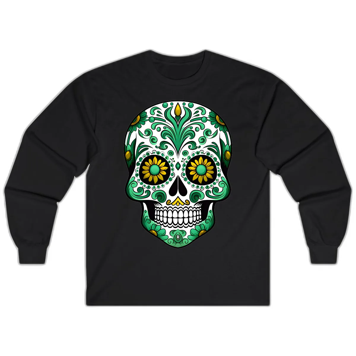 Elegant Green and Gold Floral Calavera Skull Long Sleeve in Black