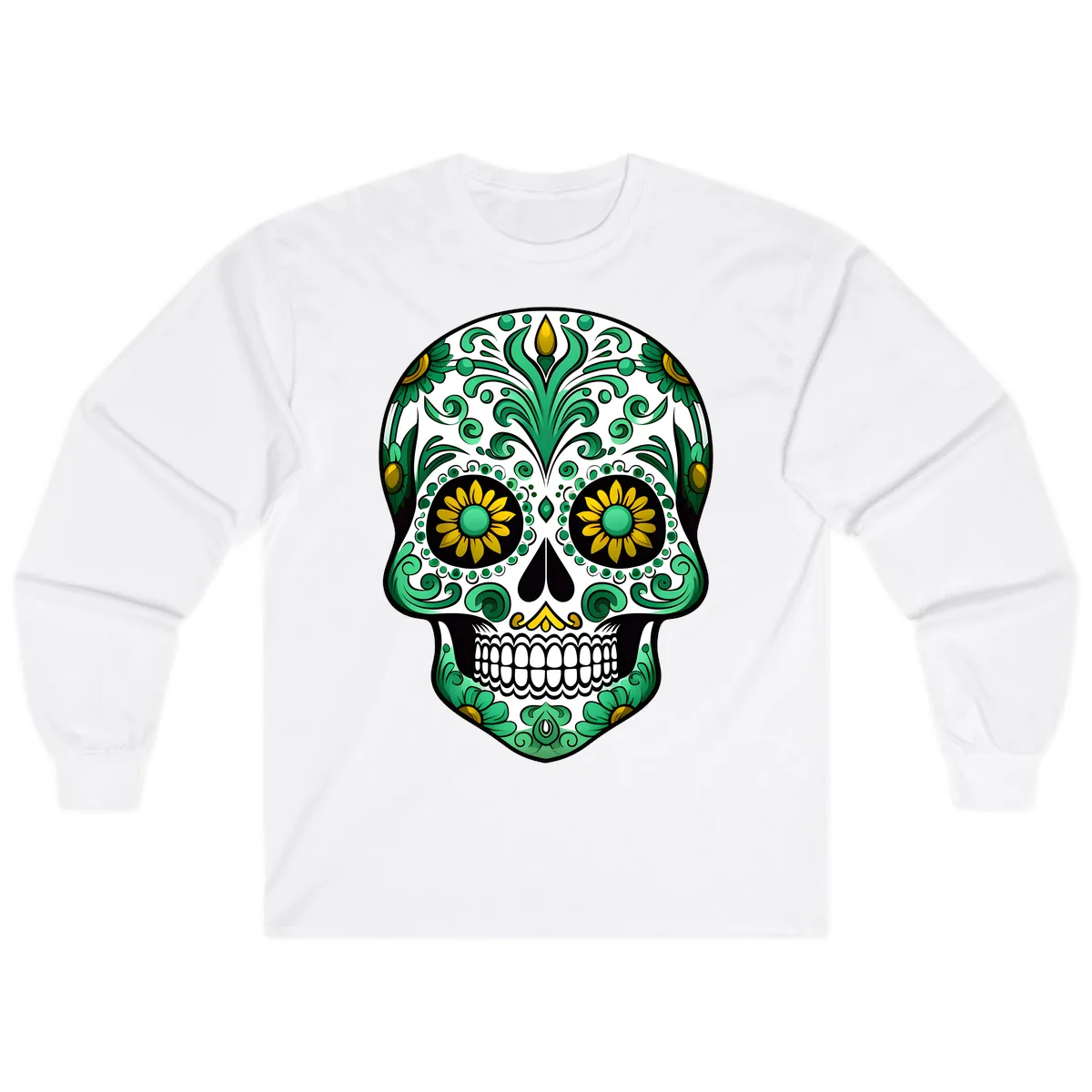 Elegant Green and Gold Floral Calavera Skull Long Sleeve in White