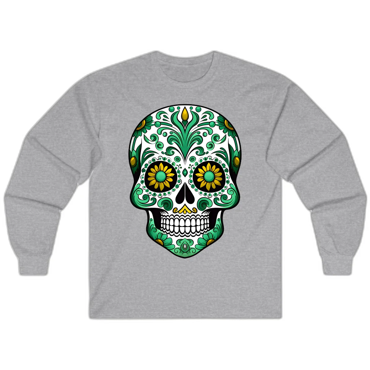 Elegant Green and Gold Floral Calavera Skull Long Sleeve in Sport Grey