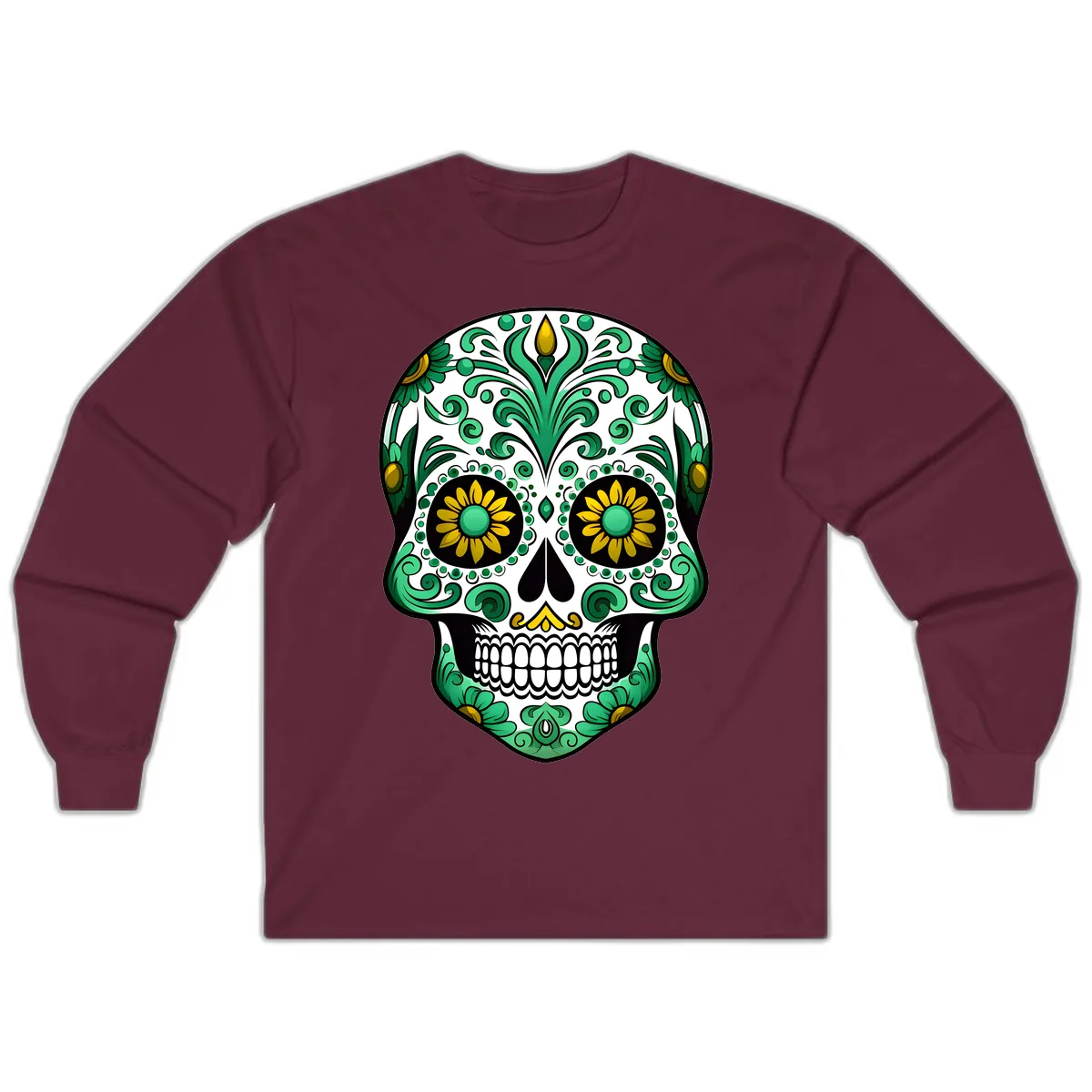 Elegant Green and Gold Floral Calavera Skull Long Sleeve in Maroon