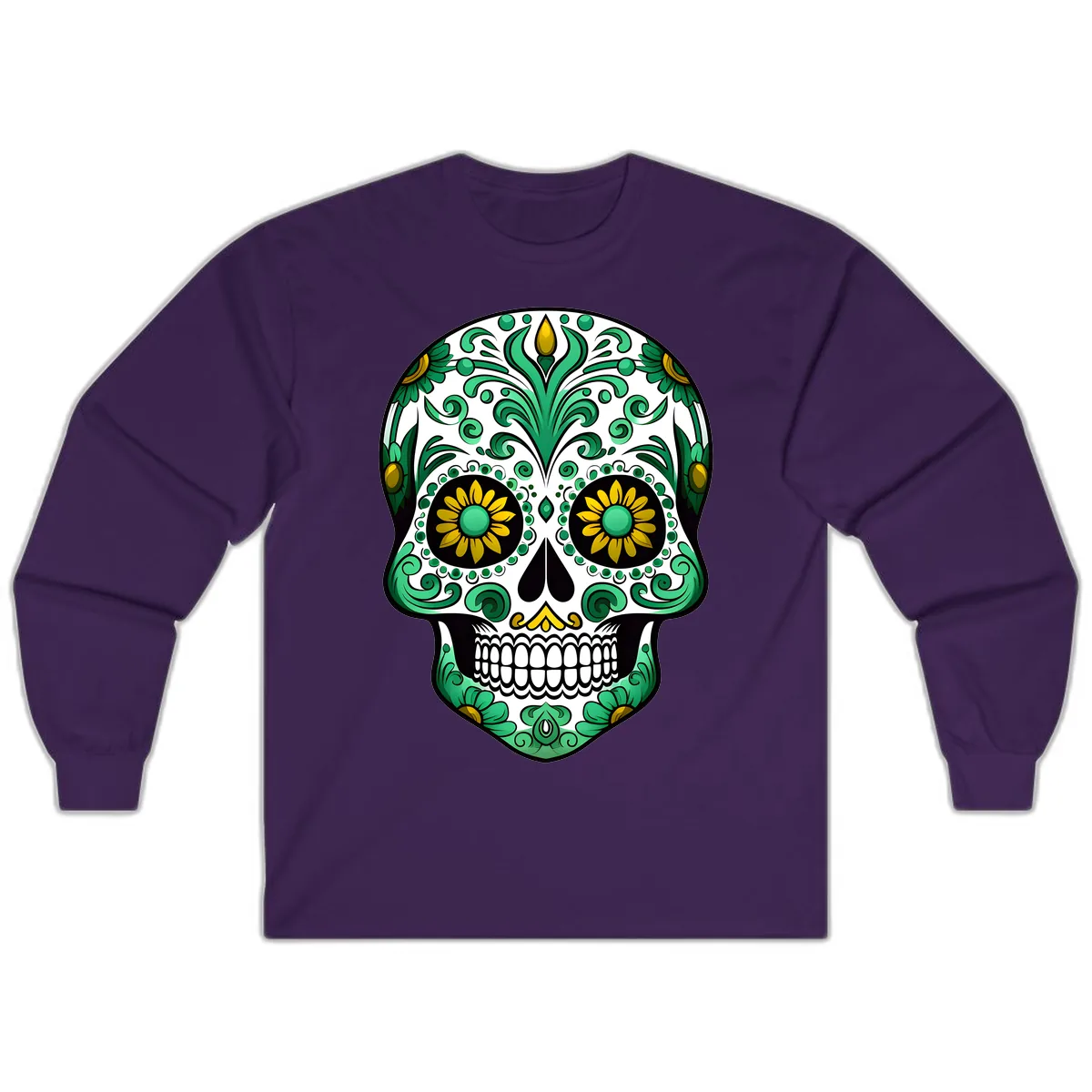 Elegant Green and Gold Floral Calavera Skull Long Sleeve in Purple