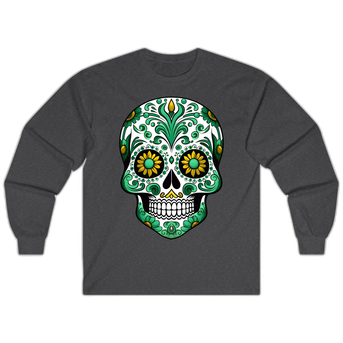 Elegant Green and Gold Floral Calavera Skull Long Sleeve in Dark Heather