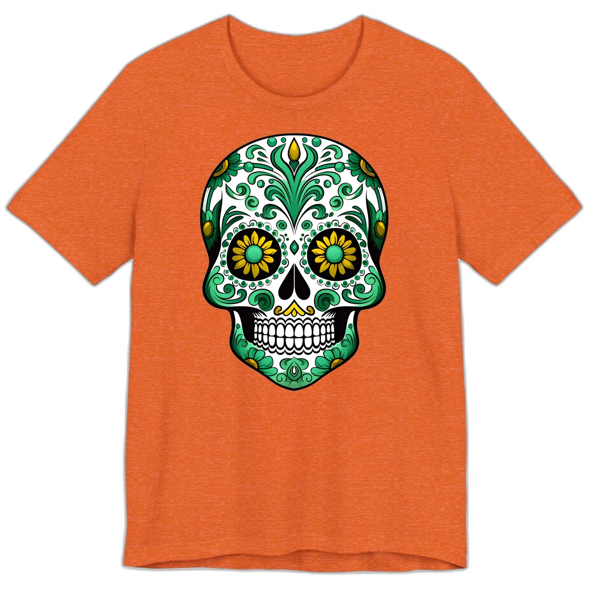 Elegant Green and Gold Floral Calavera Skull Premium T-Shirt in Heather Orange
