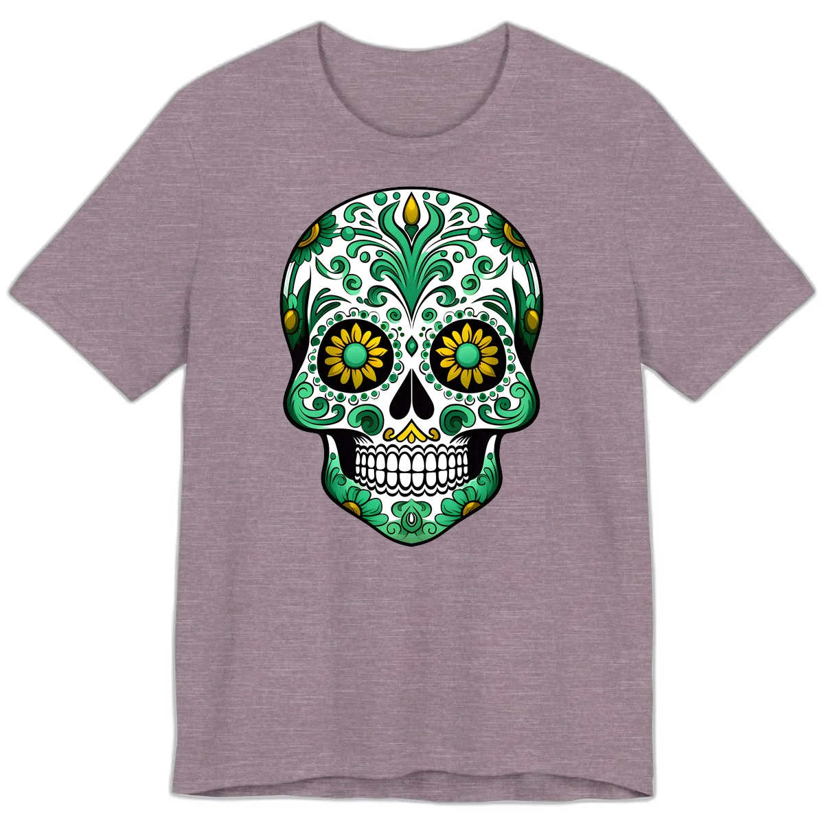 Elegant Green and Gold Floral Calavera Skull Premium T-Shirt in Heather Purple