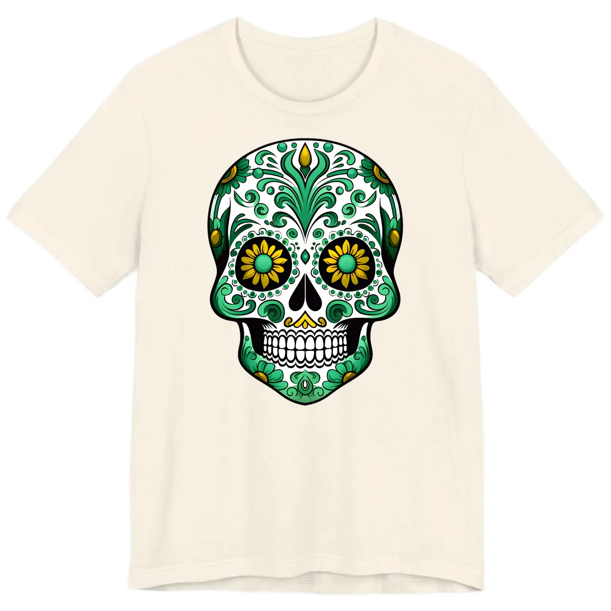 Elegant Green and Gold Floral Calavera Skull Premium T-Shirt in Natural