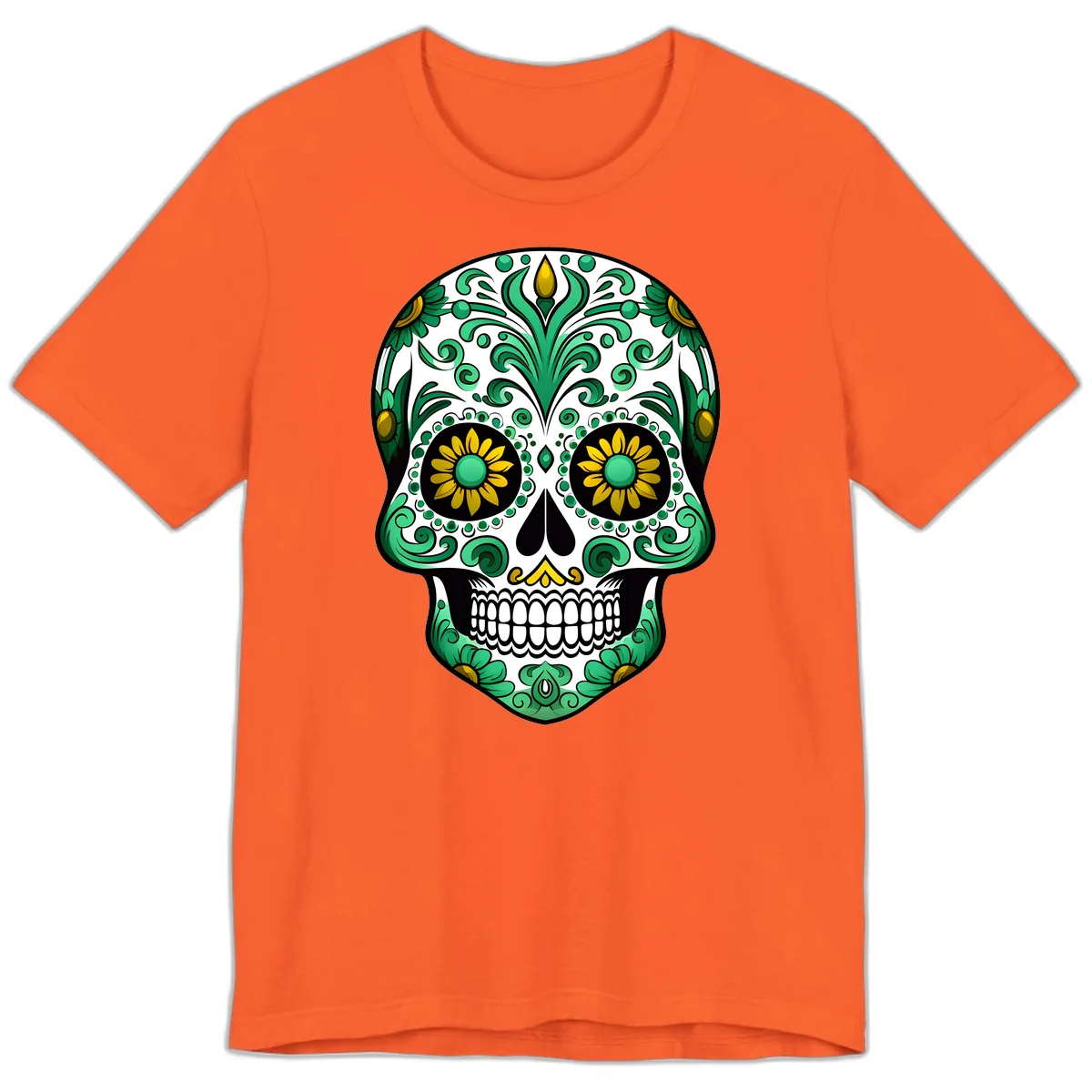 Elegant Green and Gold Floral Calavera Skull Premium T-Shirt in Orange